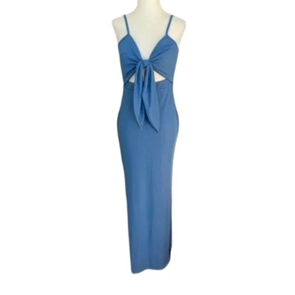 NEW Blue Size Small Tie Front Cutout Bodycon Maxi Dress Slit Spaghetti Strap - Picture 3 of 6